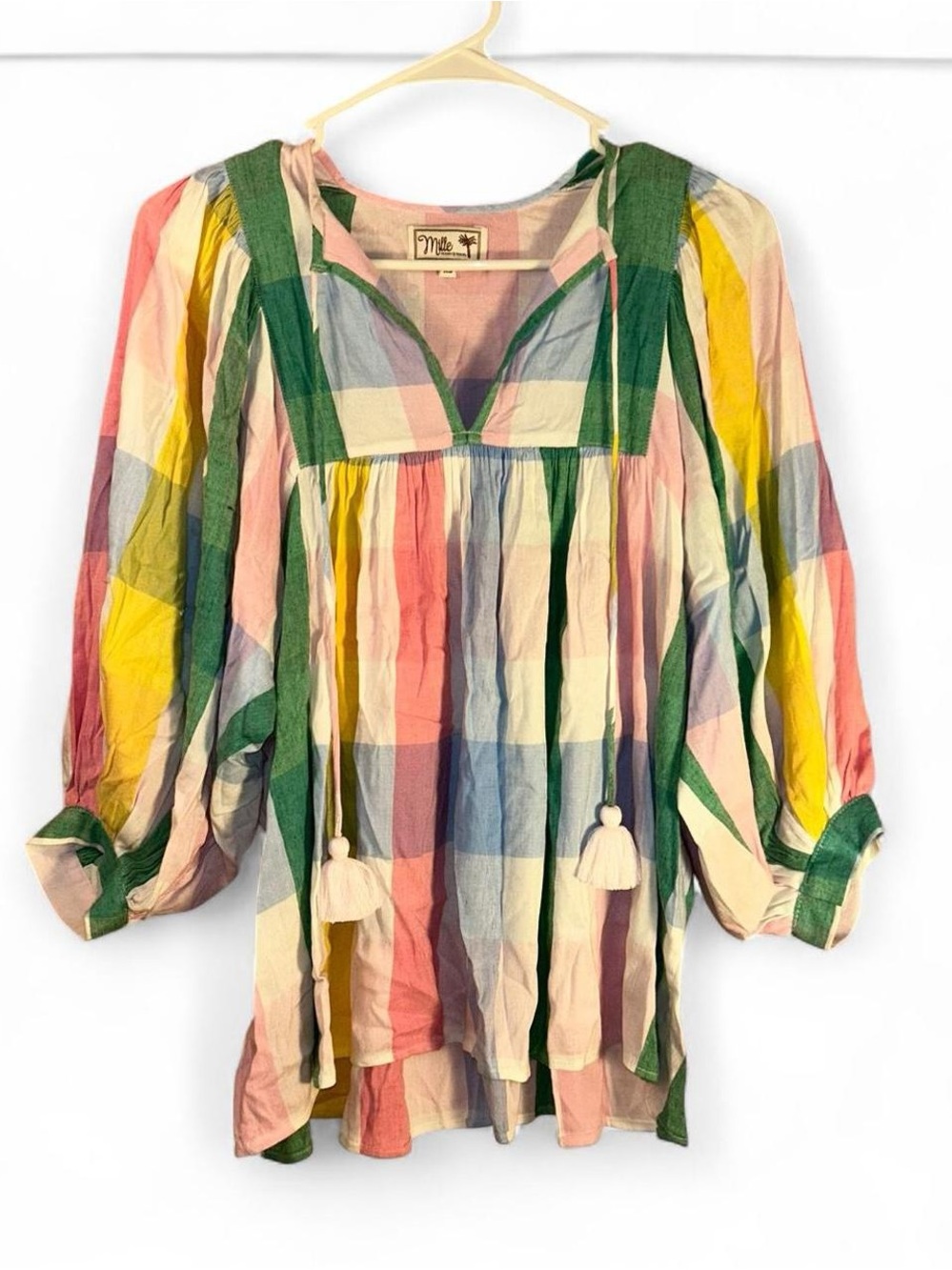 Mille Cotton Check Peasant Tunic in Pastel Multi
